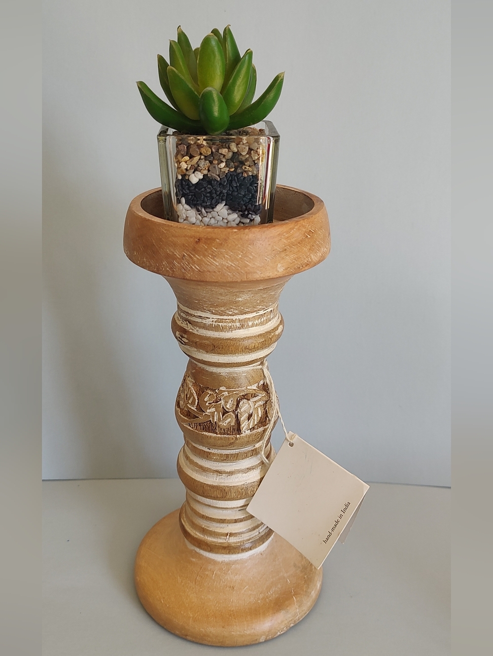 Wood Candle Holder Artisan  New  1 Pillar  Medium Size Rustic Whitewash